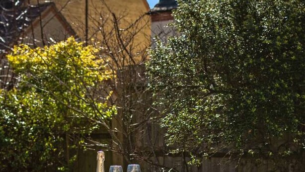 A hot tub with a bottle and two glasses on top, surrounded by greenery. - The Seven Residence - near Bicester village (Bicester)