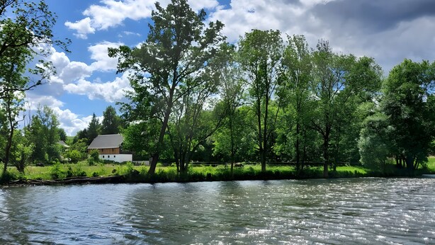 Un río con árboles y una casa al fondo.