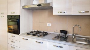 A modern kitchen with stainless steel appliances, a gas stove, a built-in oven, and a sink with a dish rack. - Casa Rosa - hidden Garden with lake view (Fiumelatte)