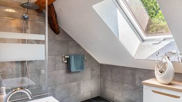 A modern bathroom with a skylight, a shower, and a sink.