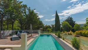 Una piscina rectangular con muelle de madera y sillones de descanso, rodeada de follaje y un árbol alto.