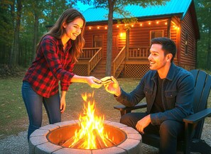 A couple sitting by a fire pit with a wooden cabin in the background.