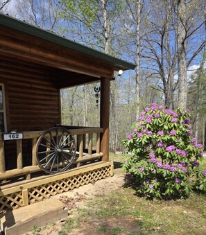 Eine Holzhütte mit Veranda, einer Schubkarre und einem Busch mit violetten Blüten.