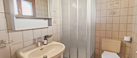 Ein Badezimmer mit Waschbecken, Toilette und Dusche.