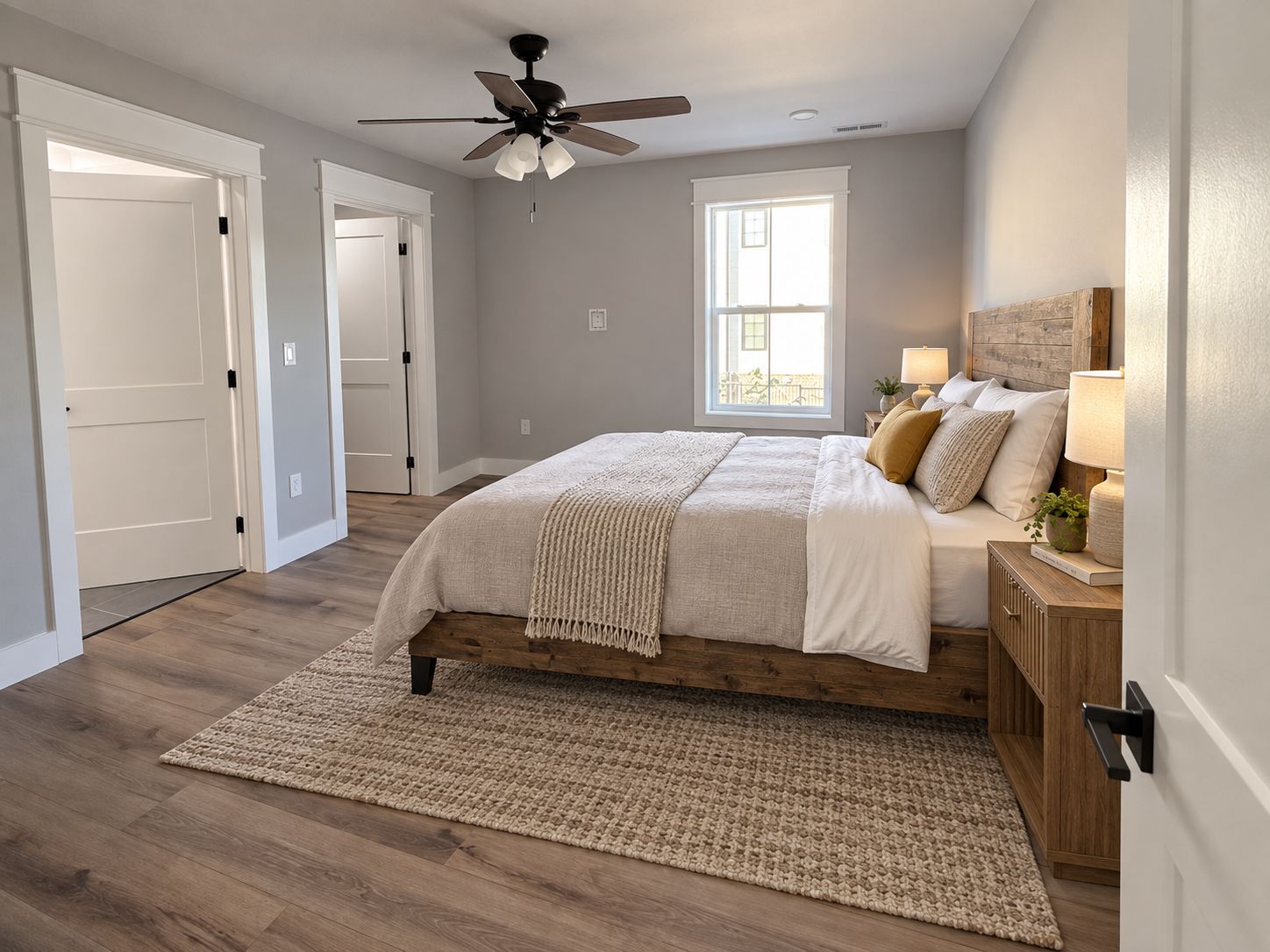 Une chambre à coucher avec un lit, un ventilateur de plafond, une fenêtre et une table de chevet avec une lampe.