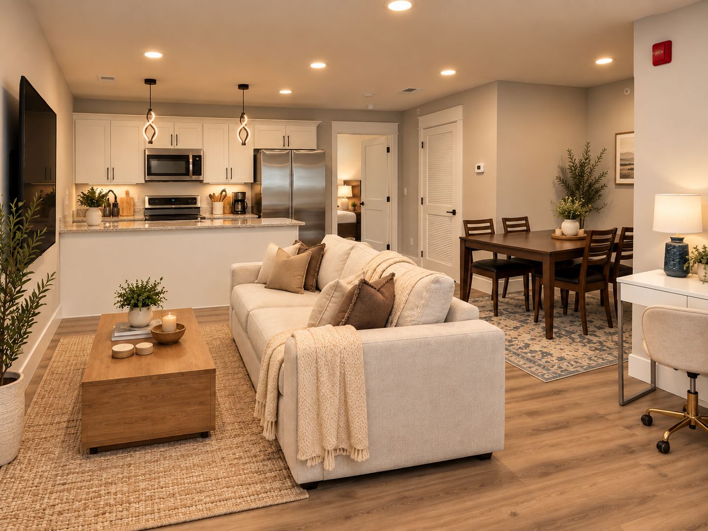 A modern living room with a sofa, coffee table, and dining area.
