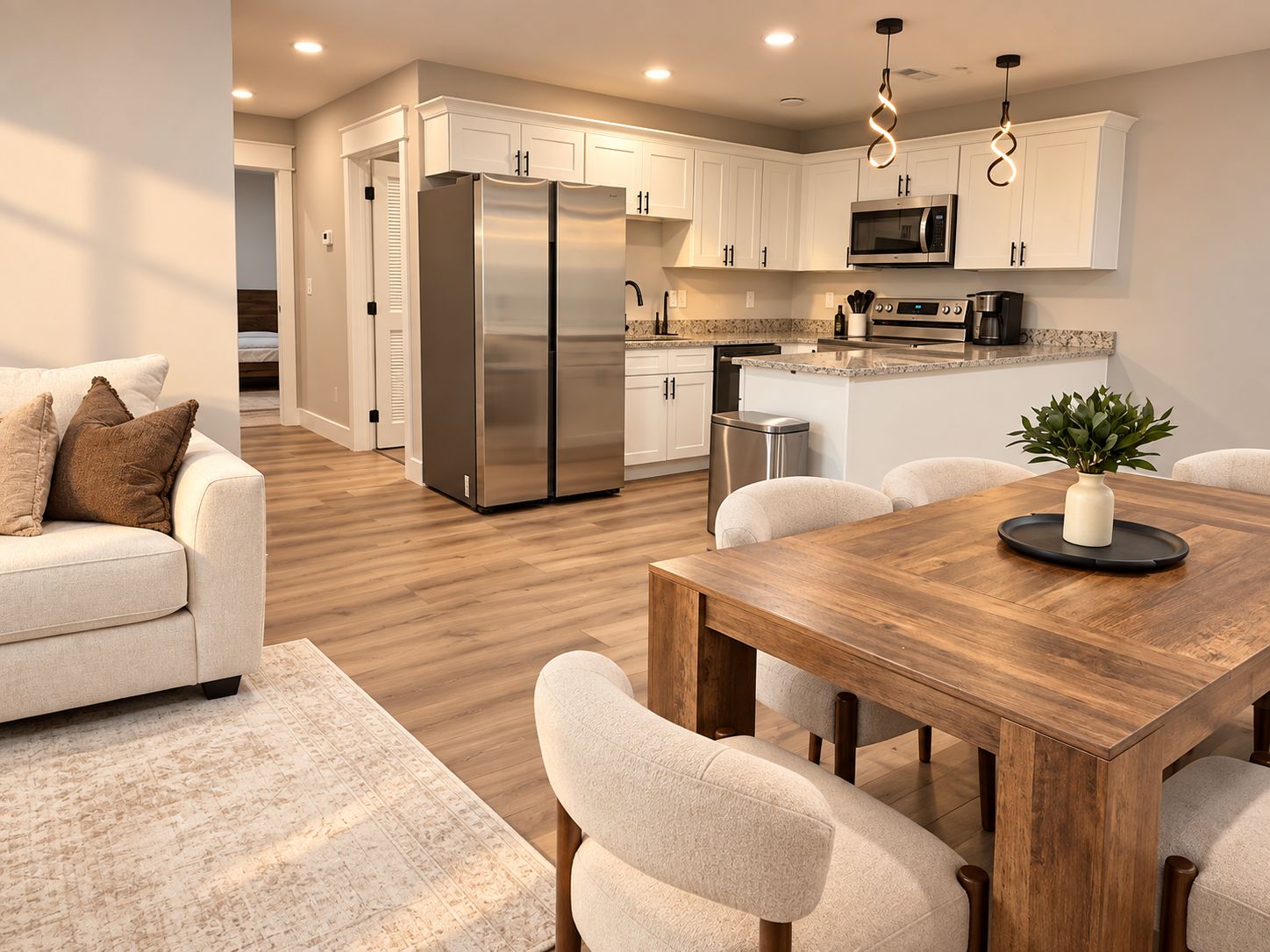 A modern kitchen with stainless steel appliances, a dining area with a wooden table, and a living room with a sofa.