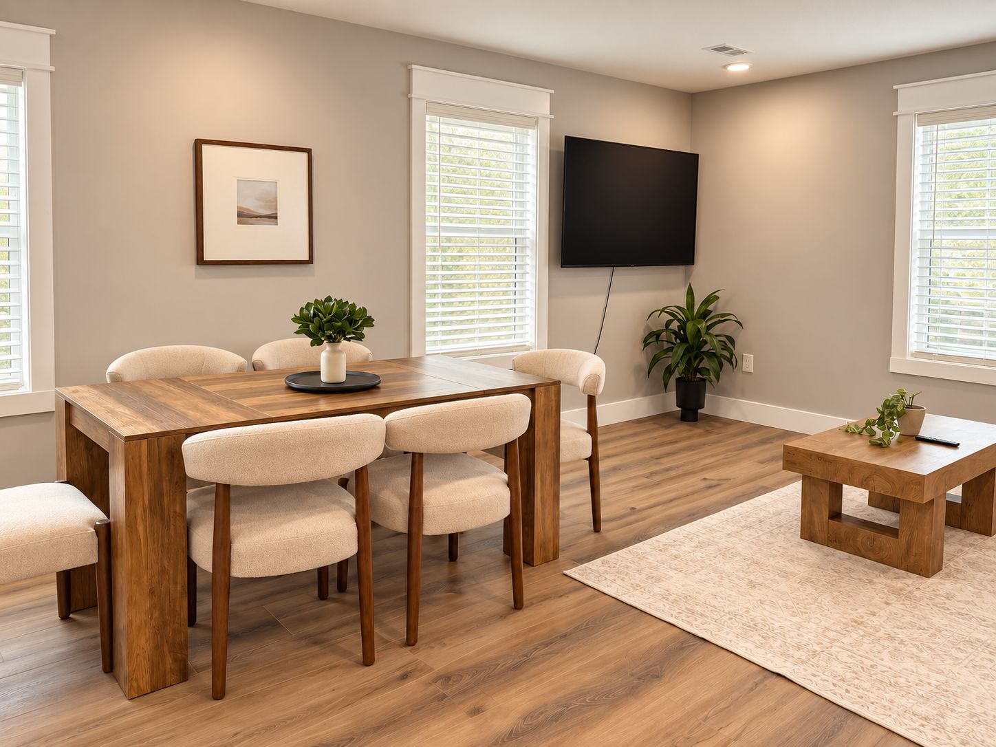 A modern living room with a wooden dining table, beige chairs, a flat-screen TV mounted on the wall, and a potted plant.