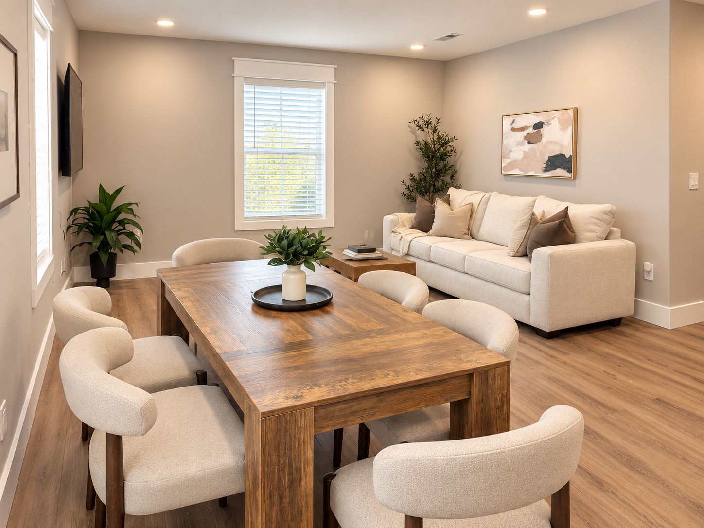 A modern living room with a wooden dining table, beige sofa, and a painting on the wall.