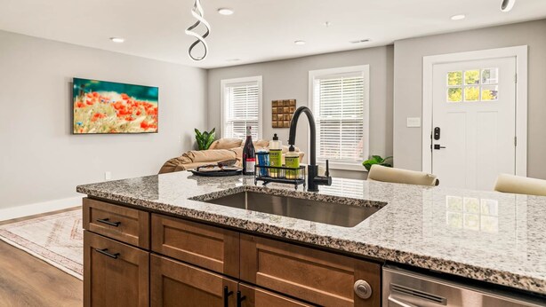 Eine moderne Küche mit Granit-Arbeitsplatten, einer Edelstahl-Spüle und Holzschränken. An der Wand hängt ein Gemälde, eine Pflanze steht daneben, und eine Tür bietet Blick durch ein Fenster.