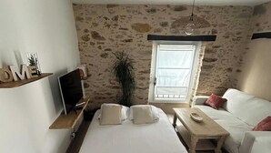 Een slaapkamer met een groot bed, een houten nachtkastje, een televisie, een raam met gordijnen, een plant en een sofa.
