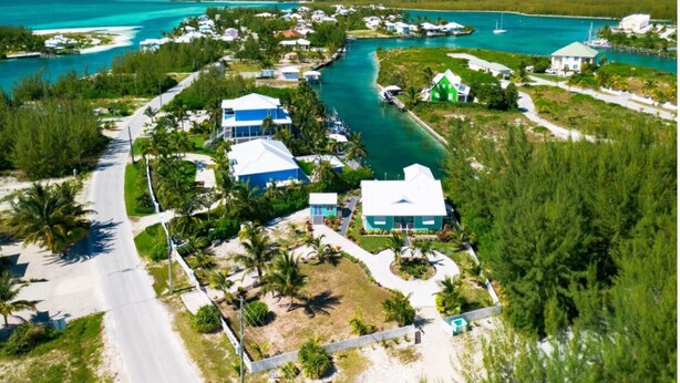 Una zona residencial costera con casas a lo largo de un canal, rodeada de vegetación y palmeras.