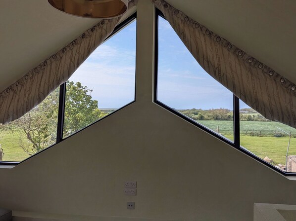 A room with a triangular window, a ceiling light fixture, and electrical outlets on the wall. - The Rookery (Tacumshane)