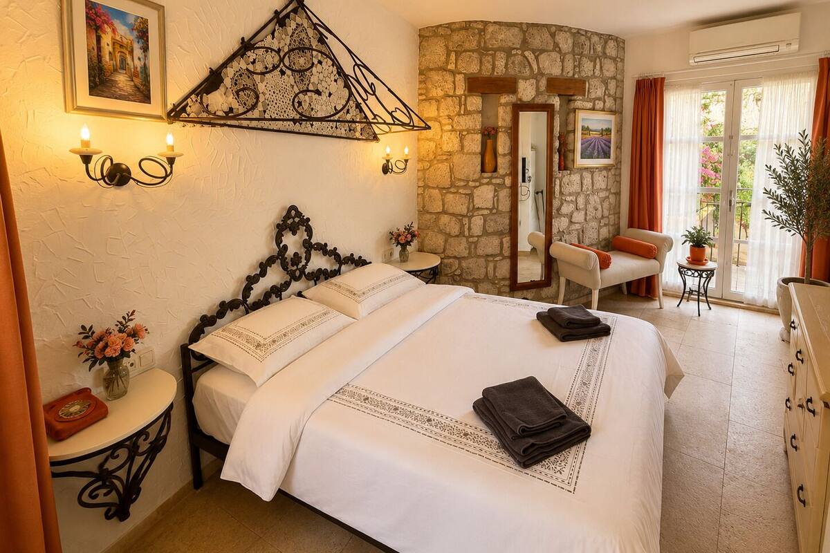 Un dormitorio con pared de piedra, una cama con ropa blanca, una mesita con un florero y una silla.