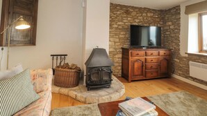 Een gezellige woonkamer met een stenen muur, een houten kast, een televisie, een open haard en een bank.