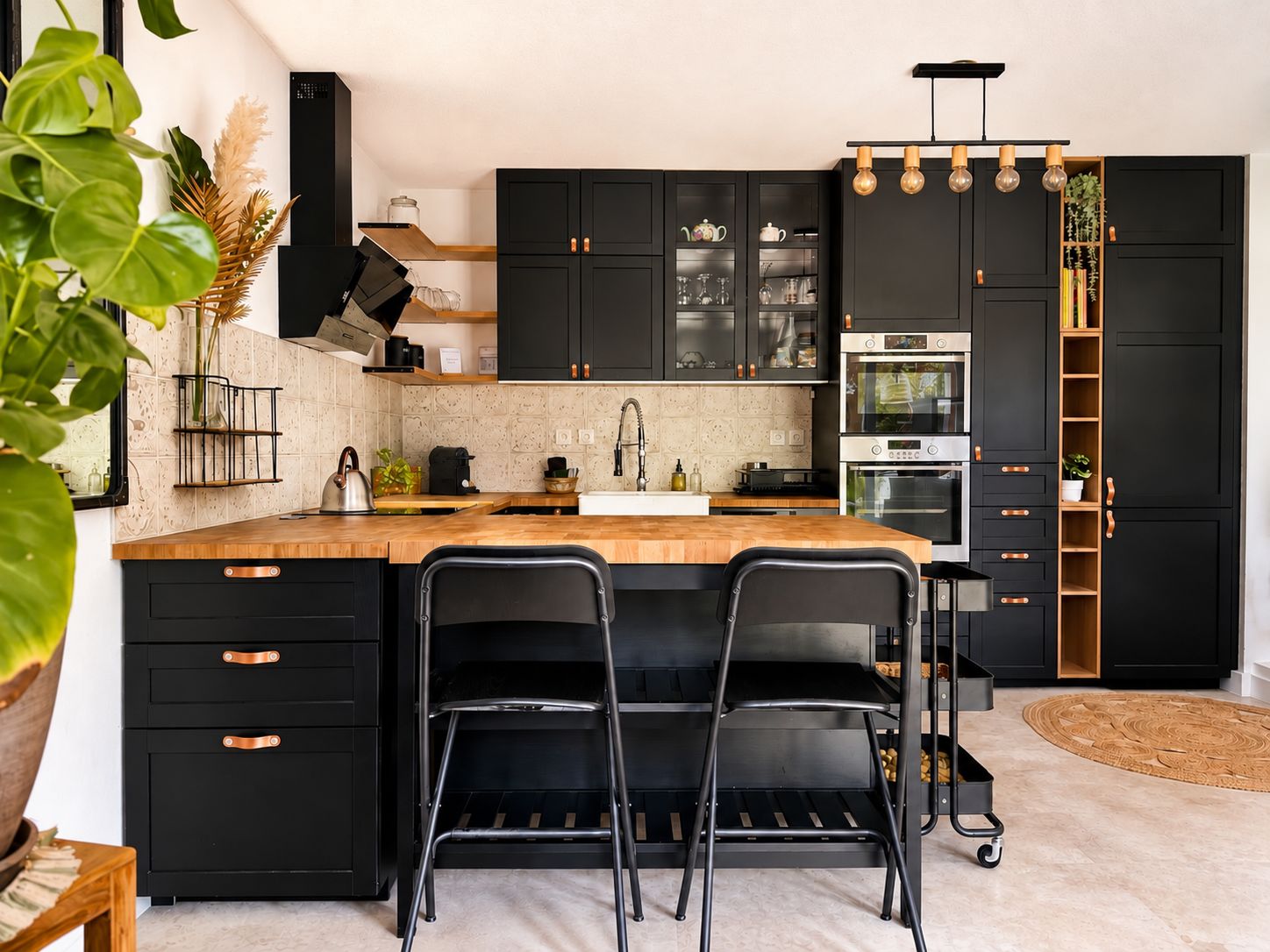 Een moderne keuken met zwarte kasten, een houten aanrechtblad en een ingebouwde oven.