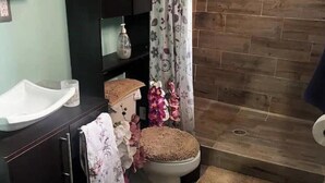 A bathroom with a toilet, a sink, and a shower area.