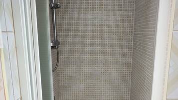 Shower, hair dryer, bidet, towels