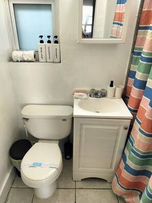 Ein Badezimmer mit Toilette, Waschbecken und einem Fenster mit Blick.