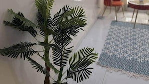 A room with a large potted plant, a round table with a vase, and a red chair. - Bright Designer 2BR/3BA | Balcony | Washer | Almadies (Dakar)
