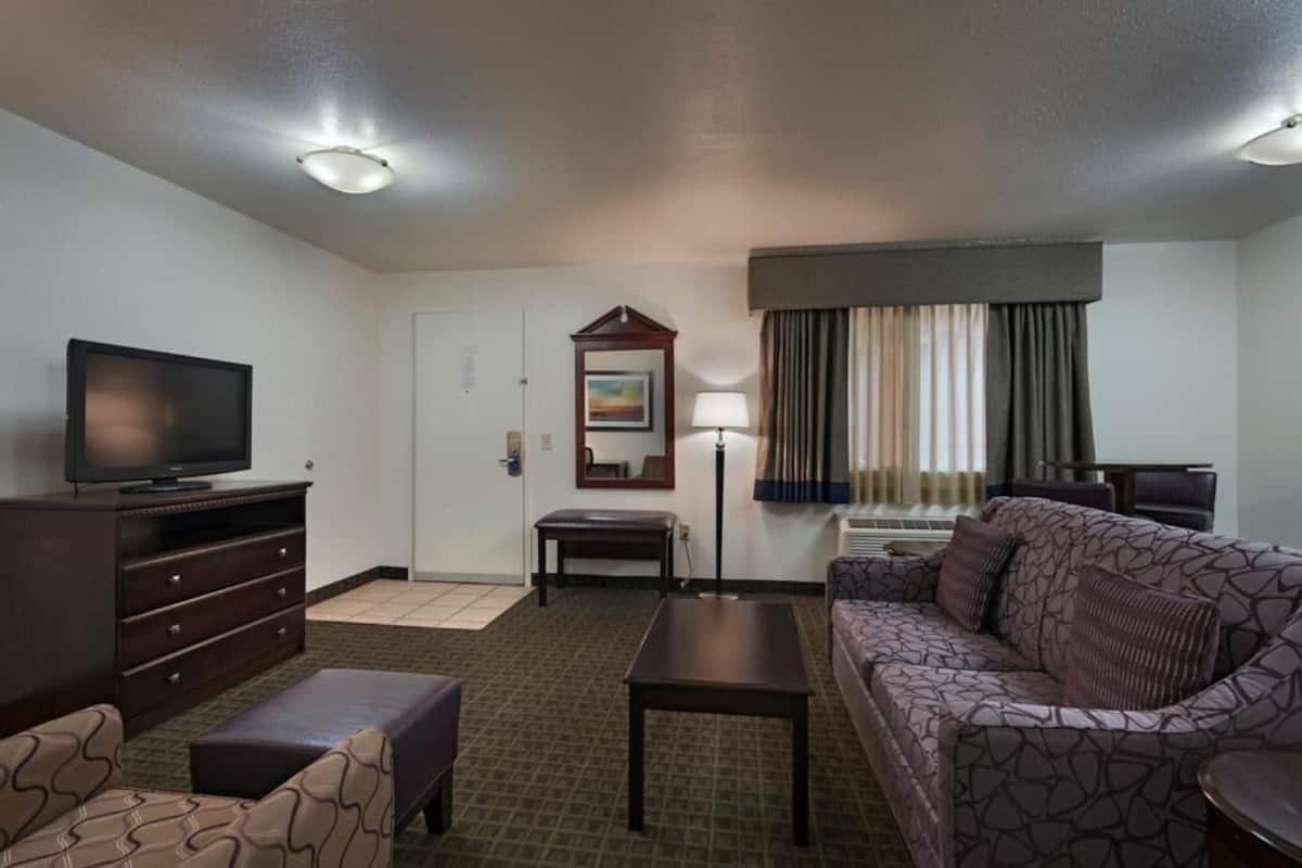 A hotel room with a television, a sofa, a coffee table, a desk, a lamp, a mirror, and a window with curtains.