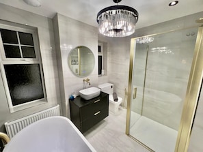 Hair dryer, towels, soap, toilet paper
