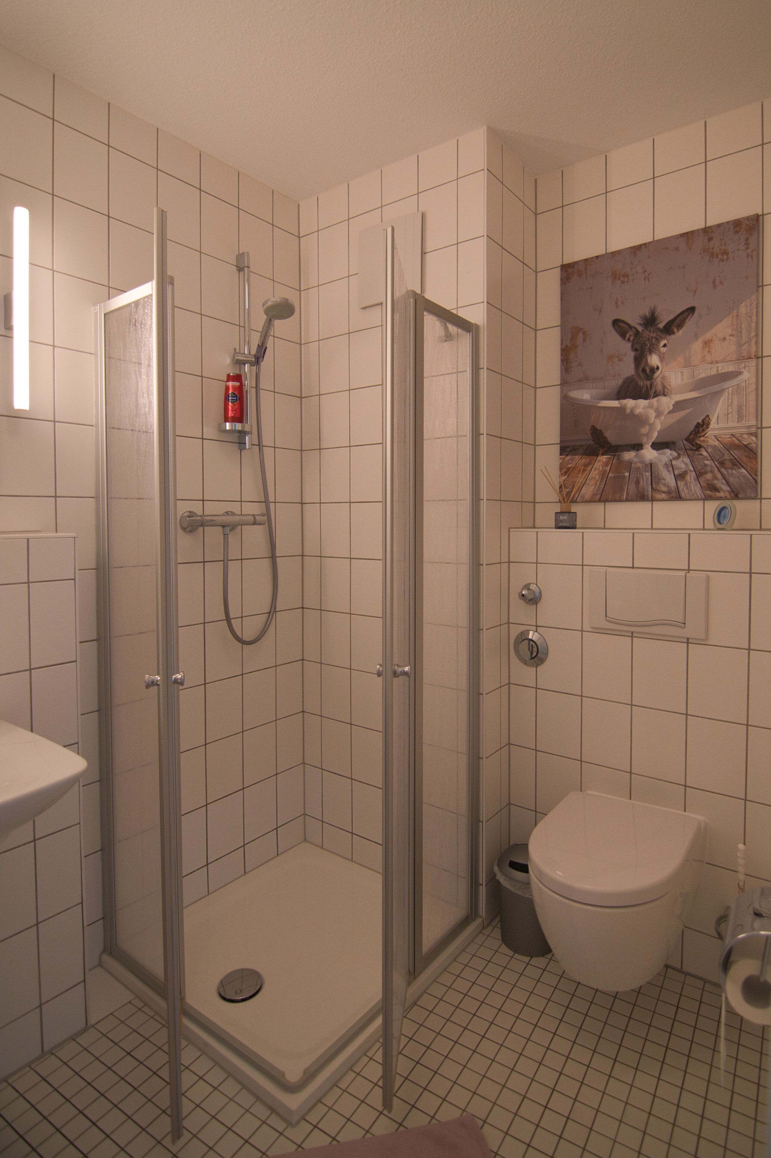 Un baño con ducha, inodoro y lavabo.
