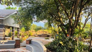 A landscaped outdoor area with a fire pit, stone pathway, and various plants.