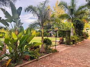 A garden pathway with tropical plants and a gazebo.