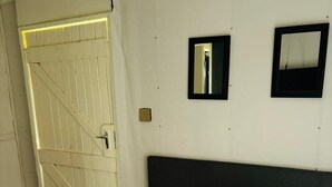 A bedroom with a bed, a large mirror, a door, and a light fixture.