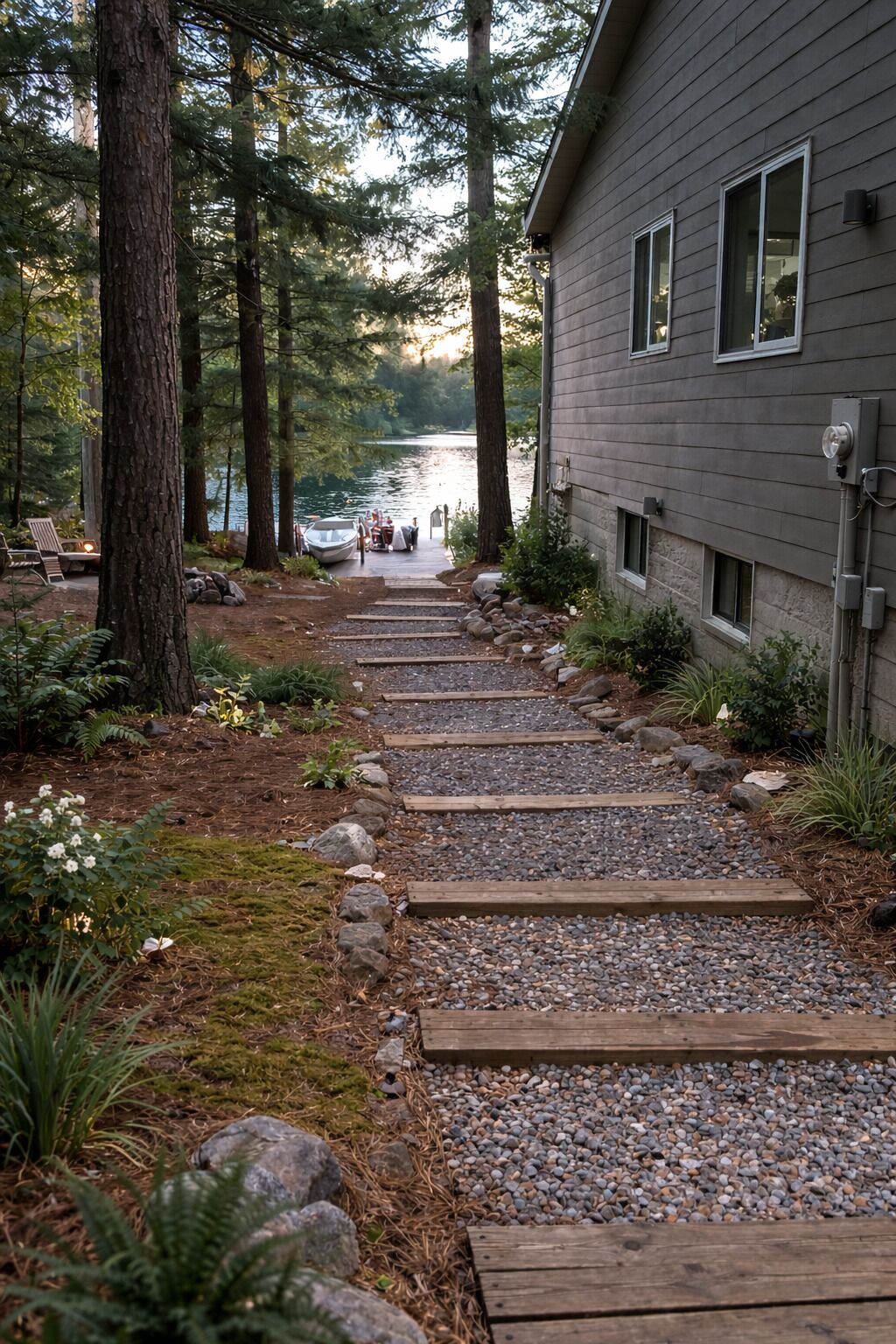 A wooden deck leading to a house with a view of a lake and forest.