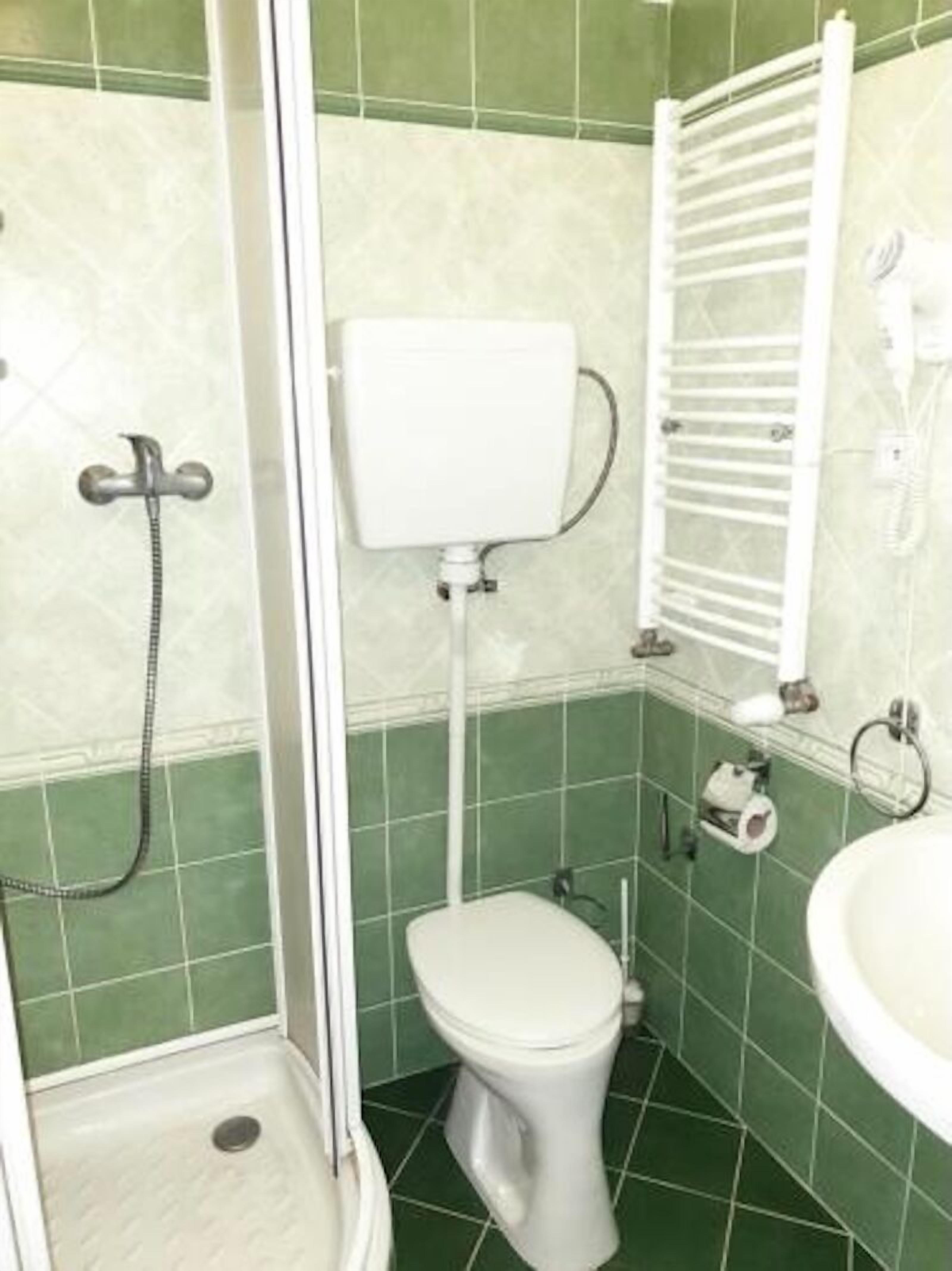 A bathroom with a shower, toilet, and sink.