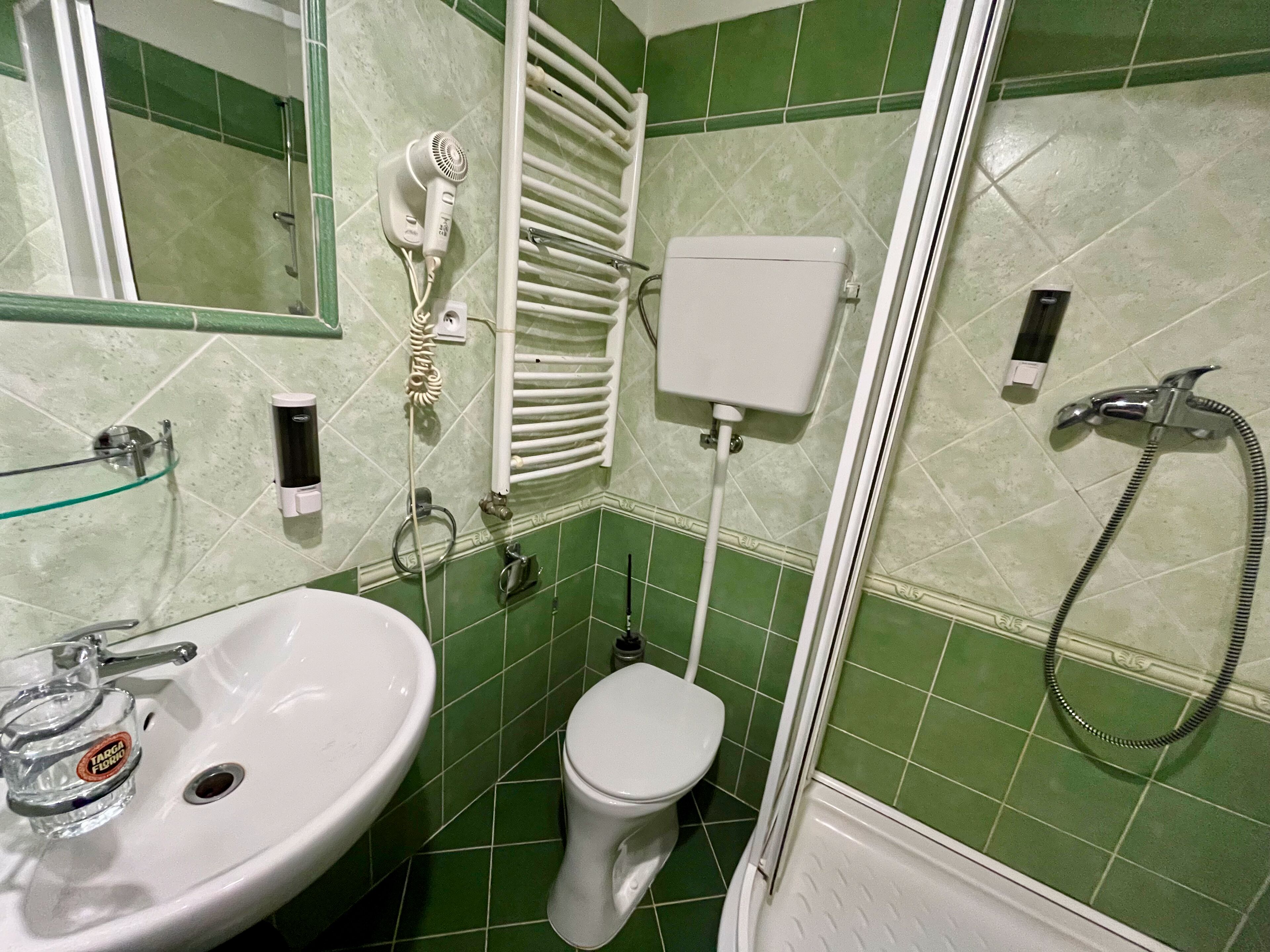 A bathroom with a white sink, toilet, and shower.