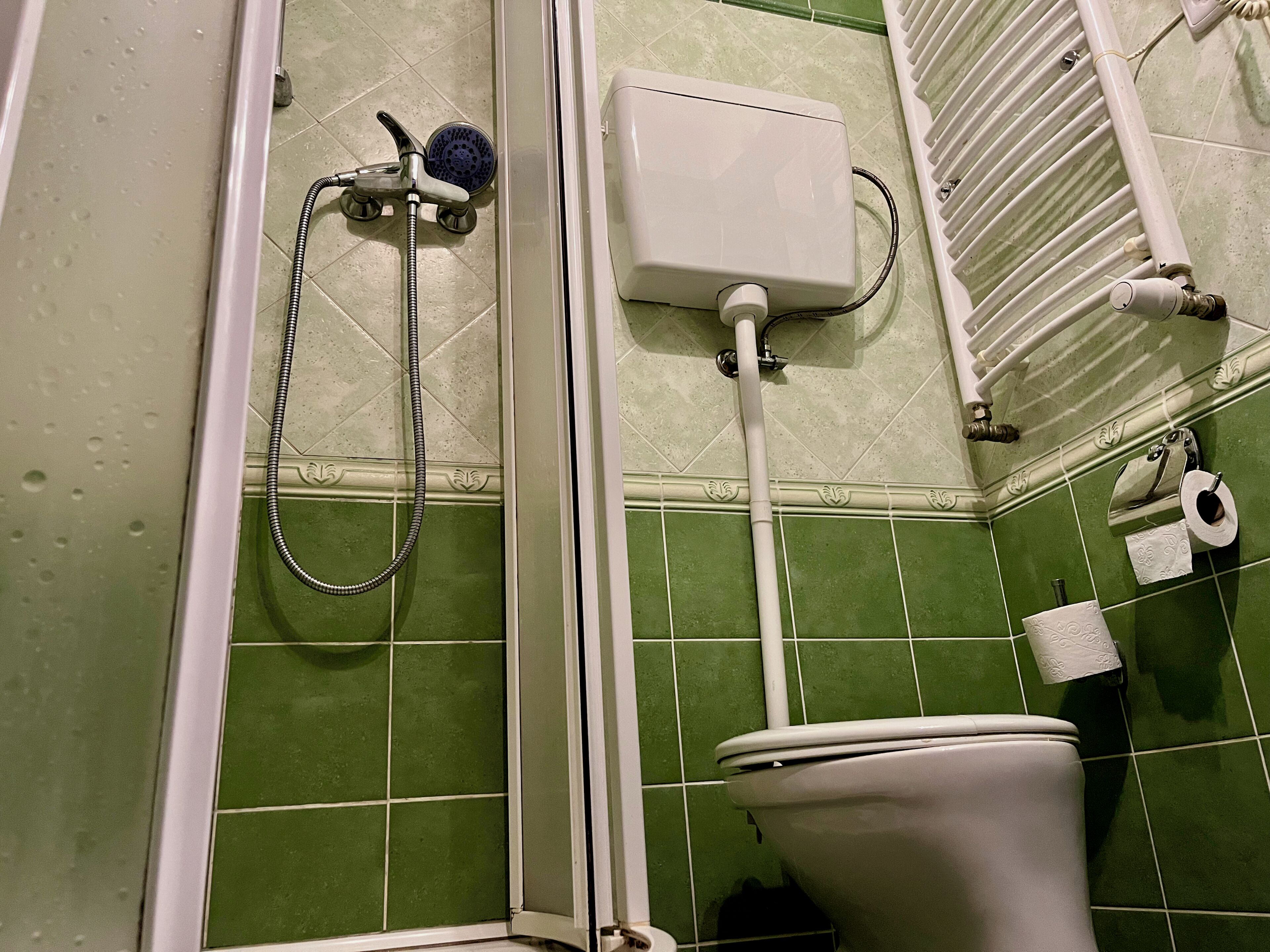 Een badkamer met douche, toilet en een radiator.