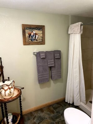 Shower, towels, soap, shampoo - Lake George Cabins & RV Park: Cabin 3 Long Way to Whee (Lake George)
