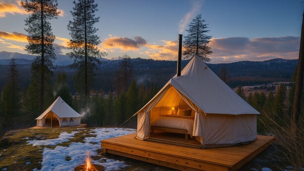 Ein gemütliches Zelt-Blockhaus mit einer Holterrasse, Kamin und Blick auf einen verschneiten Wald und Berge.