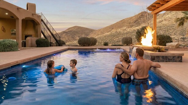 Une piscine agrémentée d’une cascade, entourée d’un paysage désertique et dotée d’un patio couvert.