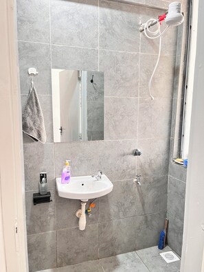 Ein Badezimmer mit Waschbecken, Spiegel, Handtuchhalter, Dusche und Duschbrause.