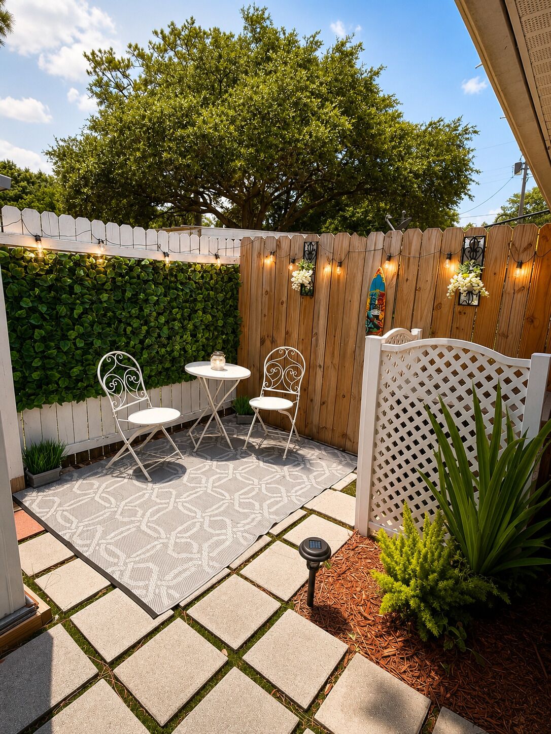 Un patio con cerramiento blanco, pared de madera y alfombra estampada.