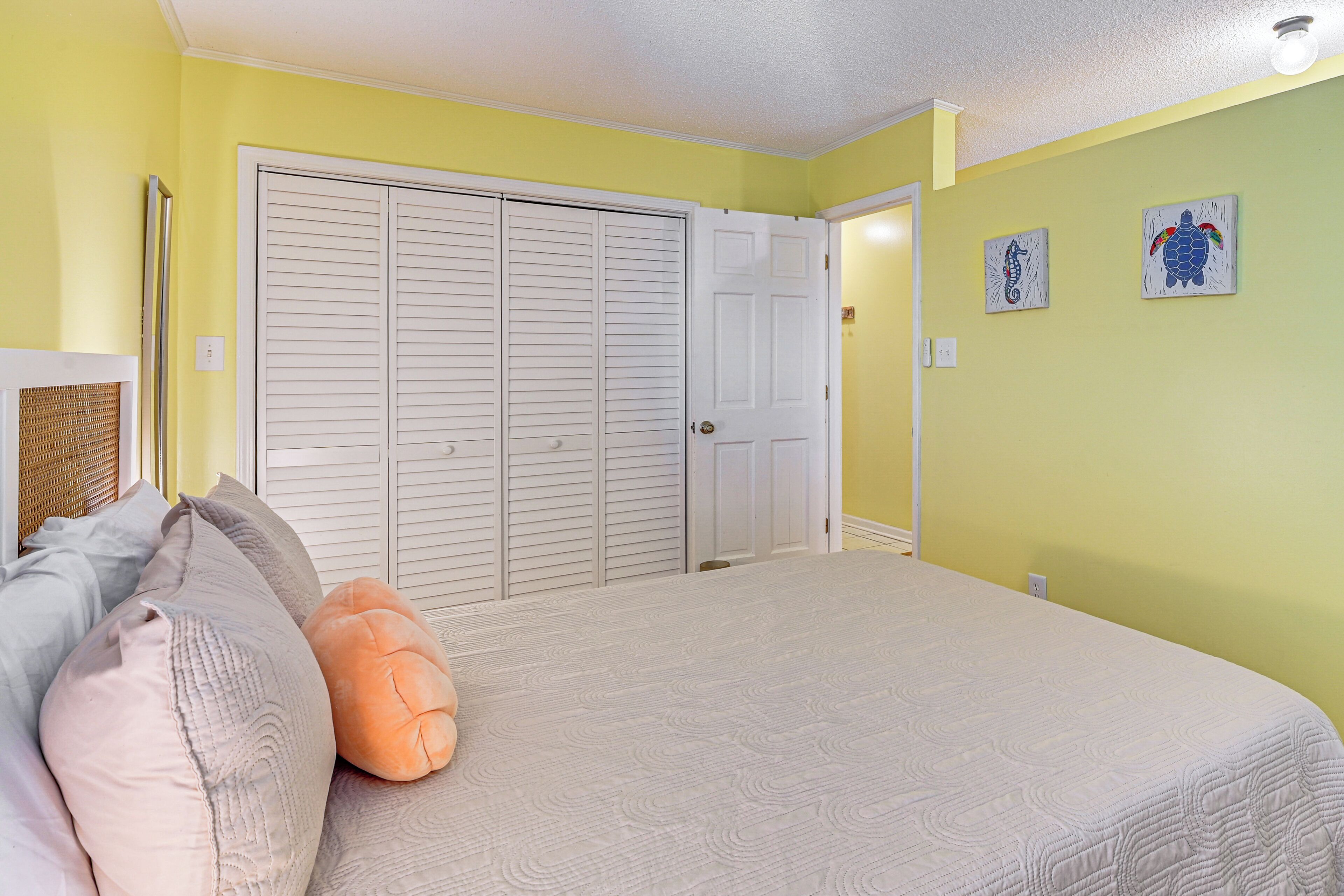 A bedroom with a bed, pillows, a closet, and two wall art pieces.