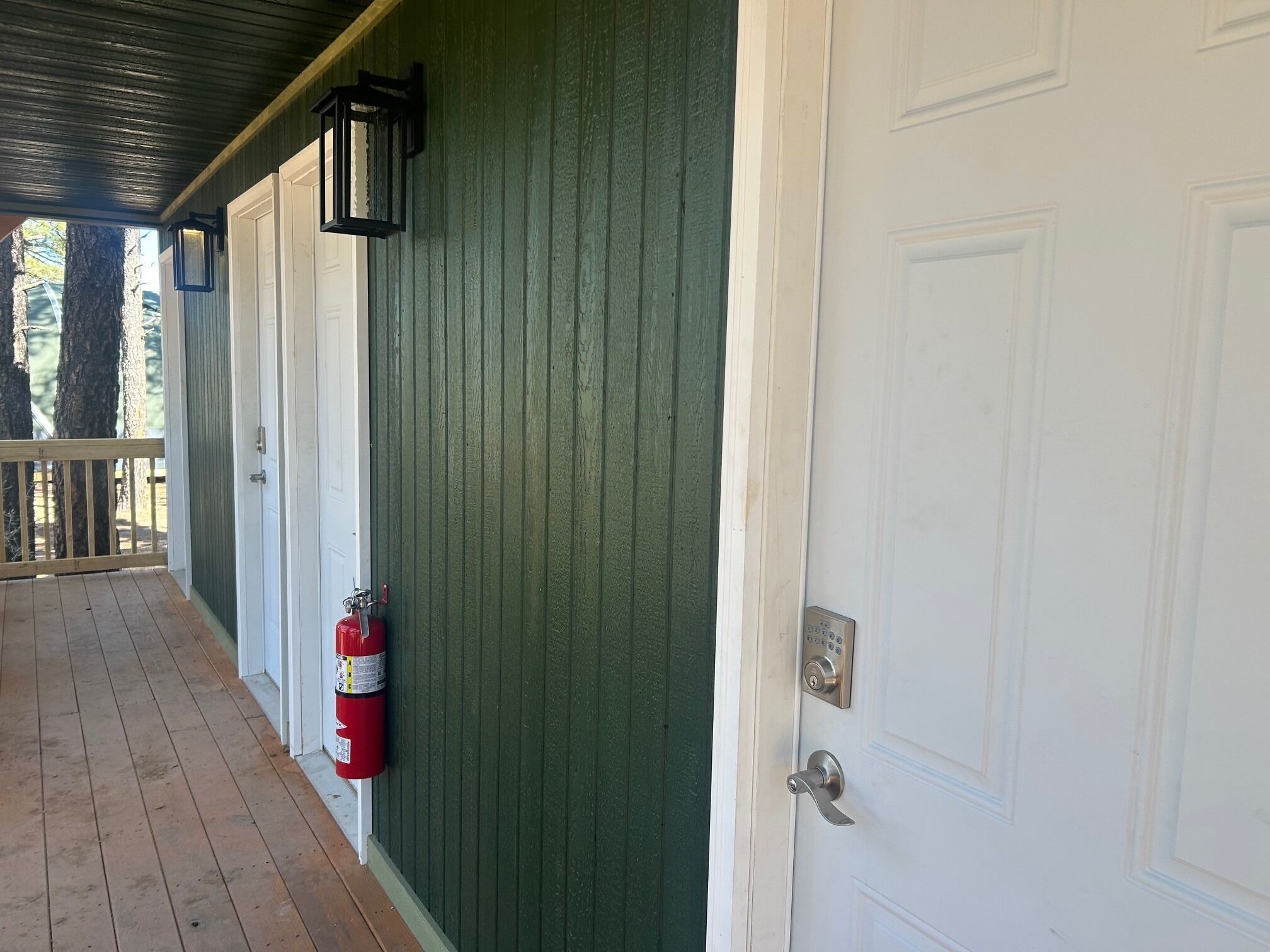 A wooden porch with a green door, a fire extinguisher, and a metal door handle.