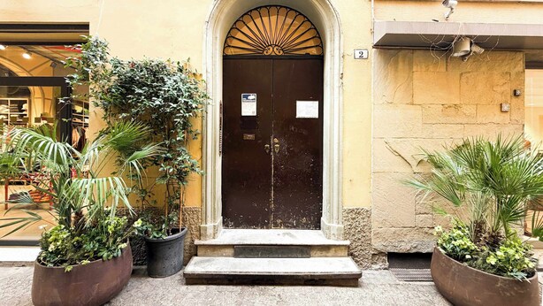A building entrance with a dark door, two potted plants on either side, and a small set of steps leading up to the door. - Loft Piazza Maggiore, comfort in the city center (Bologna)