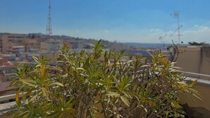 A rooftop garden with a view of a cityscape and distant hills. - Belsito Terrace, Rome Skyline (Roma)