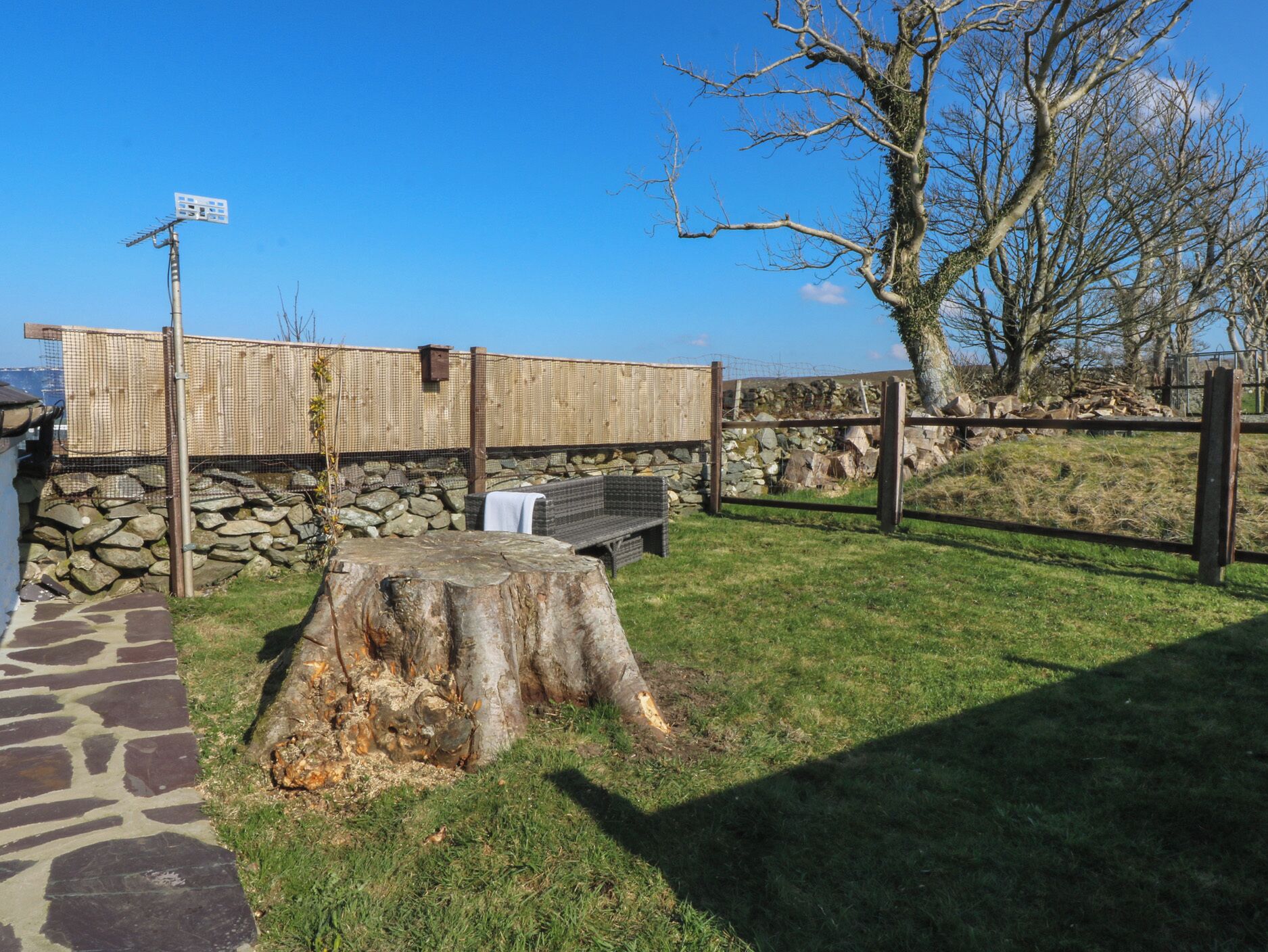 A stone pathway leading to a seating area with a bench and a tree stump.