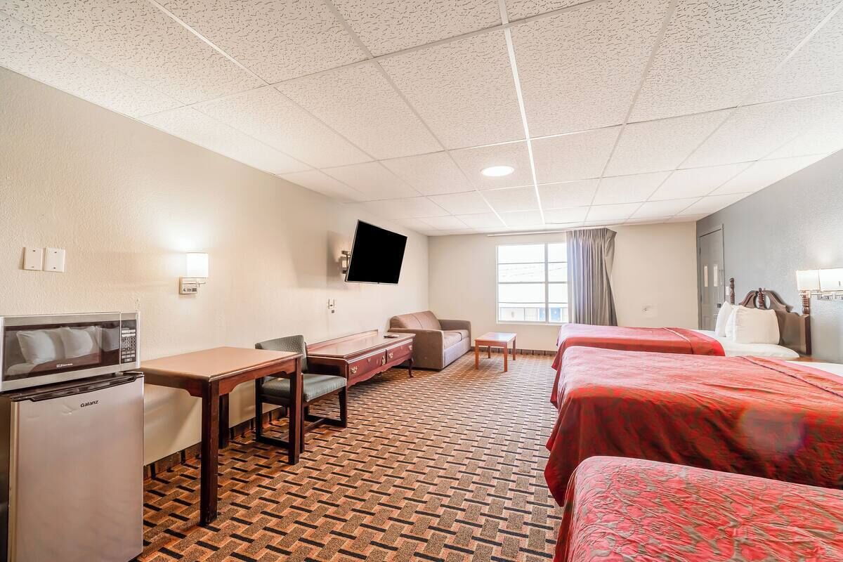 Hotelkamer met kitchenette, flatscreen-tv, bank, twee eenpersoonsbedden en een kamerbreed tapijt met dessin.