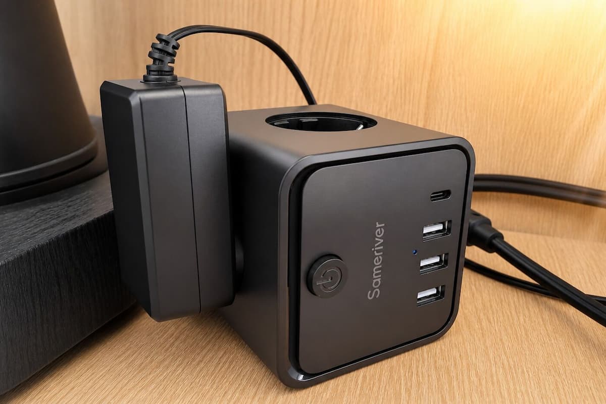 Una ciabatta multipresa nera con diverse porte USB e un cavo collegato a un oggetto cilindrico.