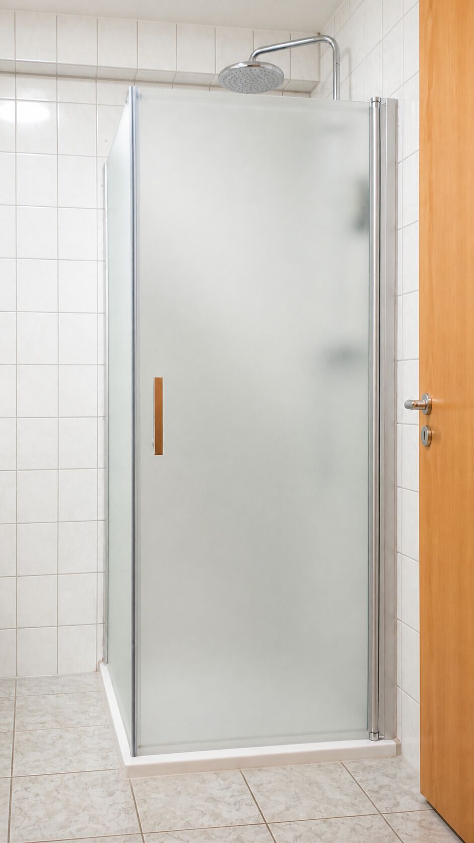 A glass-enclosed shower stall with a door handle and a showerhead.