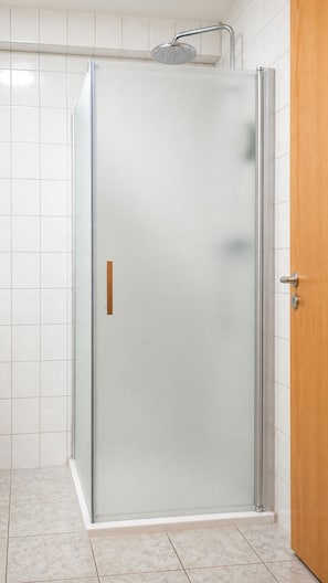 A glass-enclosed shower stall with a door handle and a showerhead. - Hotel am Weyerhof (Kerpen)