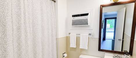 Une salle de bain avec un rideau de douche, des toilettes, un lavabo et un miroir.