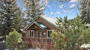 A cabin with a wooden exterior, a green roof, and a deck.